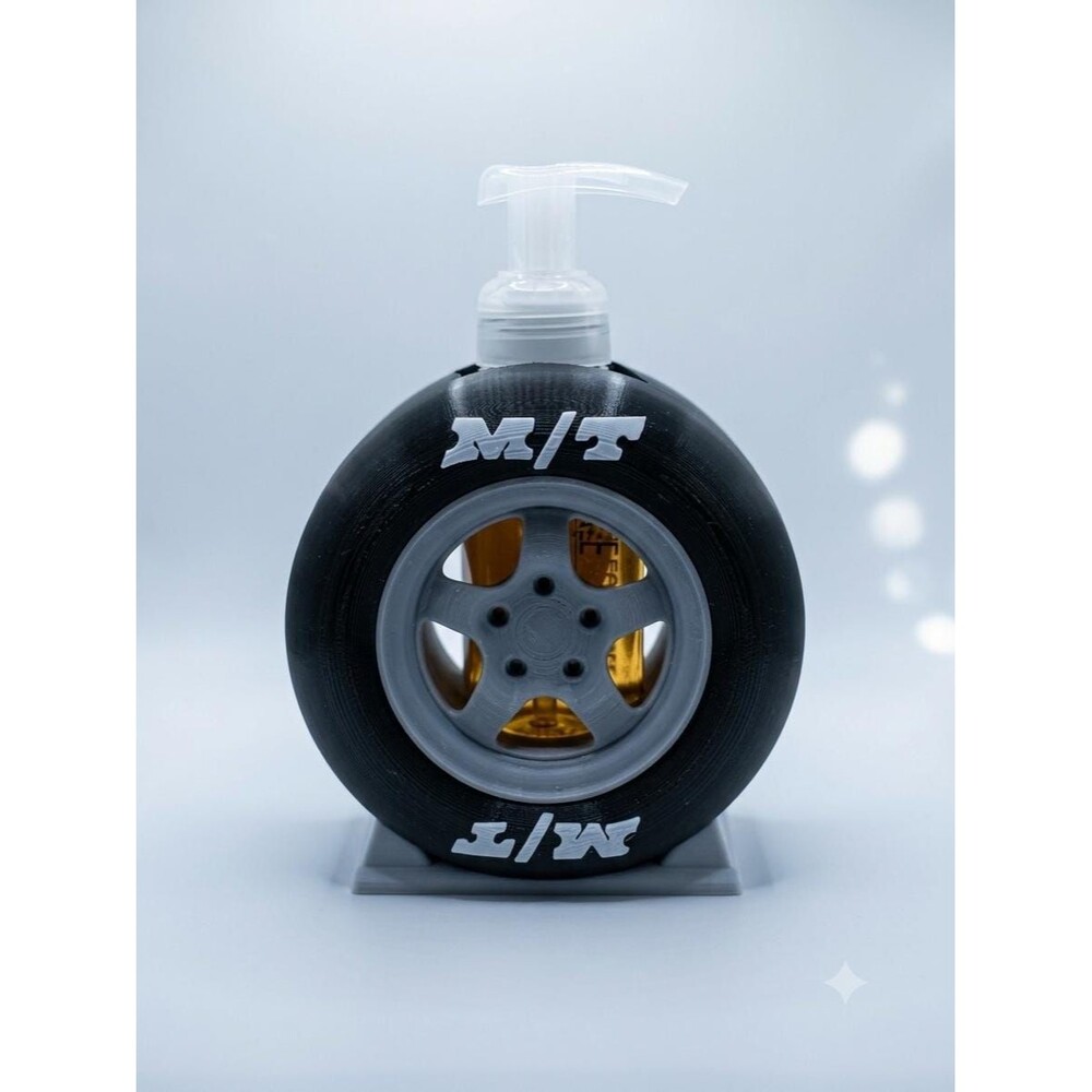 3D Printed Tire Soap Dispenser Holder | Mickey Thompson M/T Racing Wheel Garage